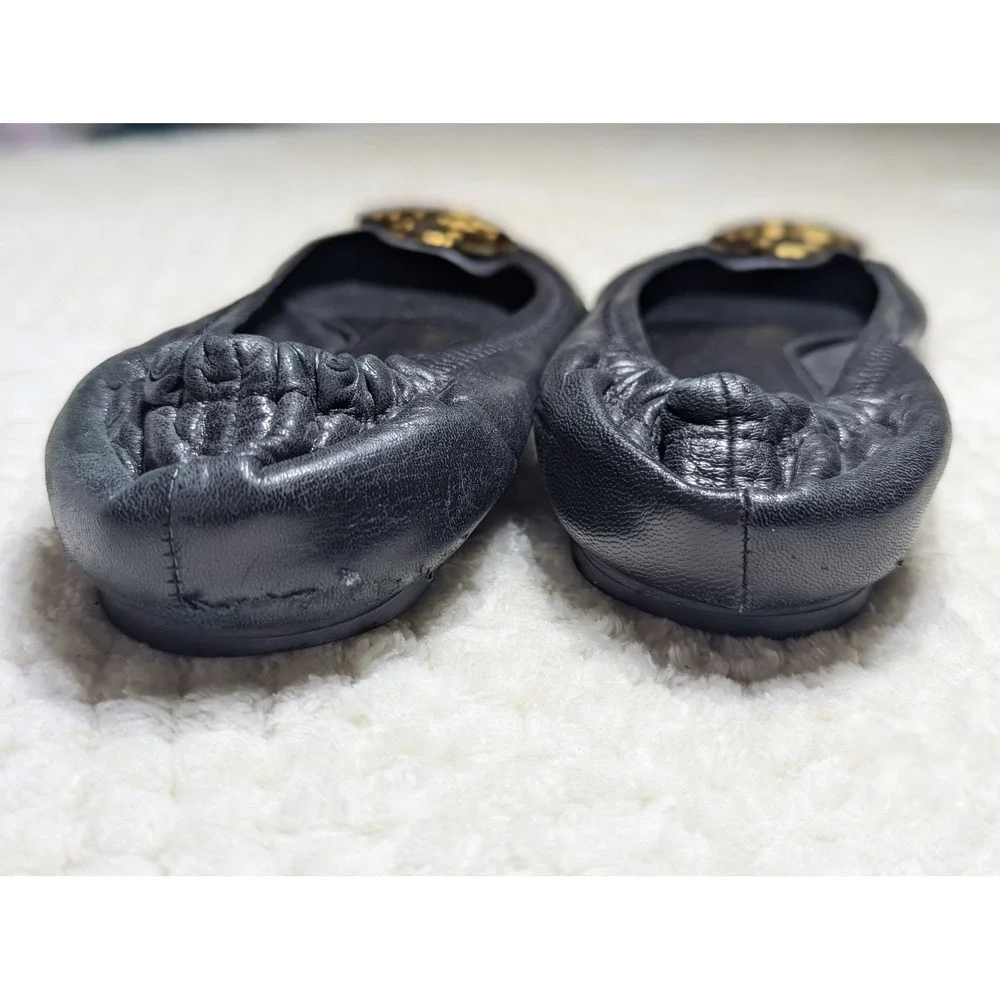 Tory Burch Minnie Travel Ballet Flats Black Nappa Leather Gold Logo Quiet Luxury